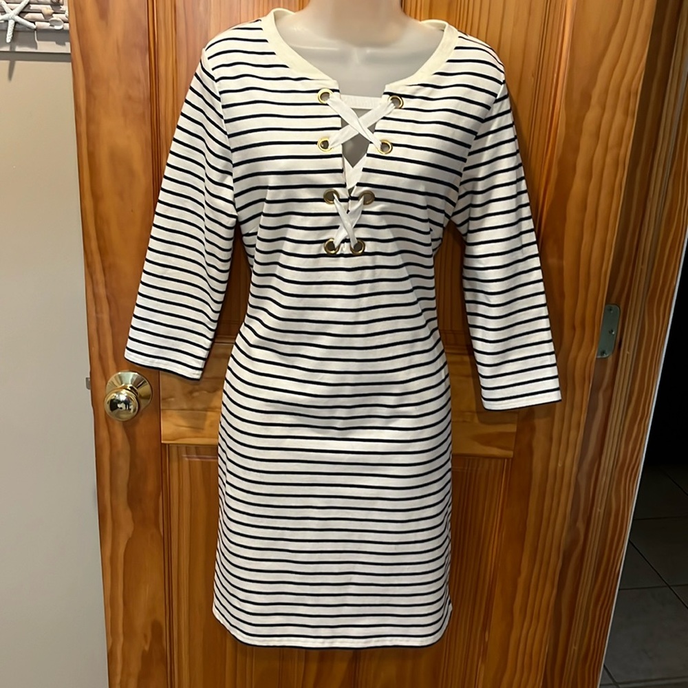 Boston Proper Nautical Navy & Off White Striped Lace Up Front Dress